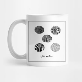 Five Sea Urchins. Black and white retro style illustration. Mug